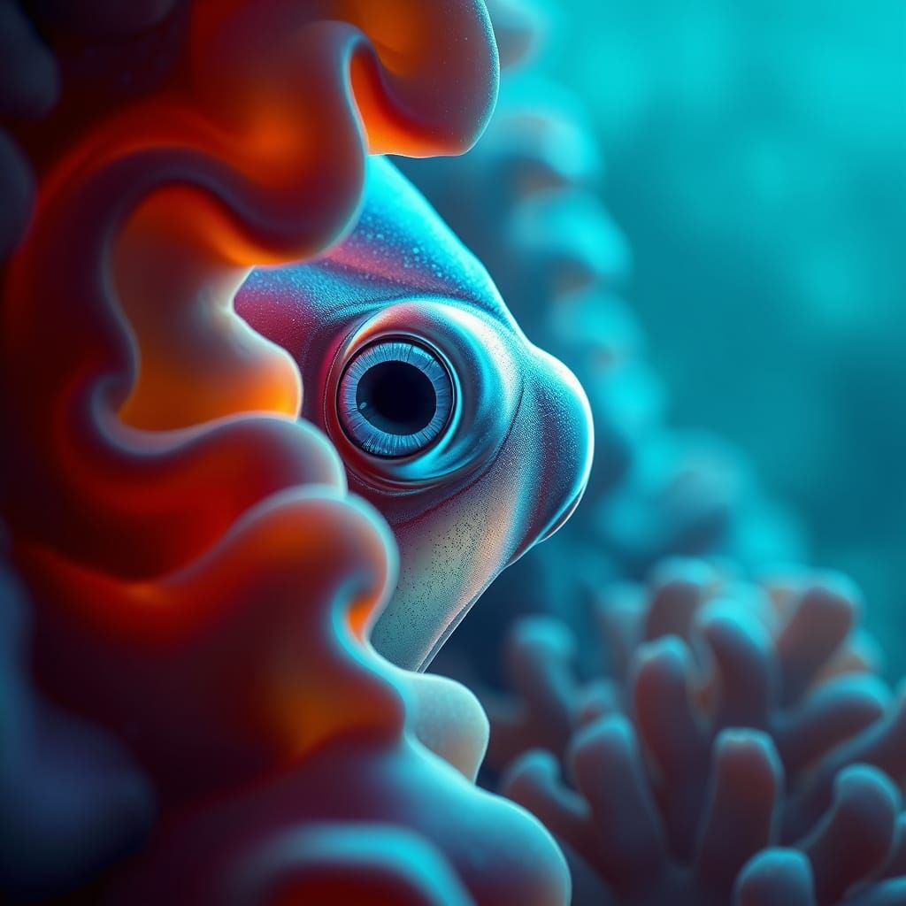 Squid's Eye Peeks from Behind Iridescent Coral
