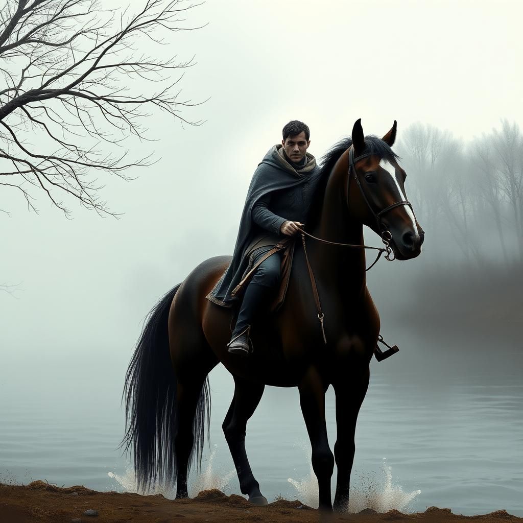 Misty River Horseman in Dramatic Landscape Style