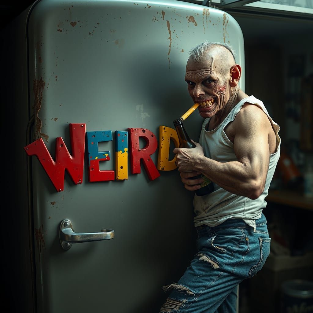 Distressed 1950s Refrigerator in a Haunting Garage Scene