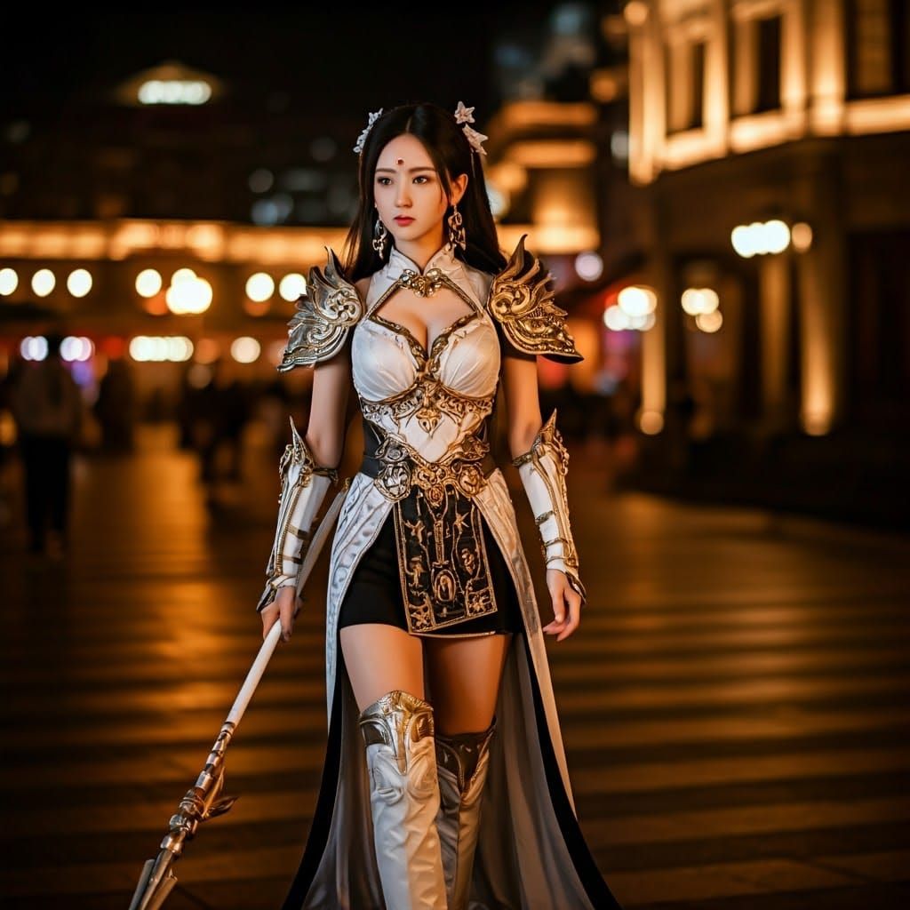 Chinese Warrior Goddess Strolling Shanghai Streets at Night