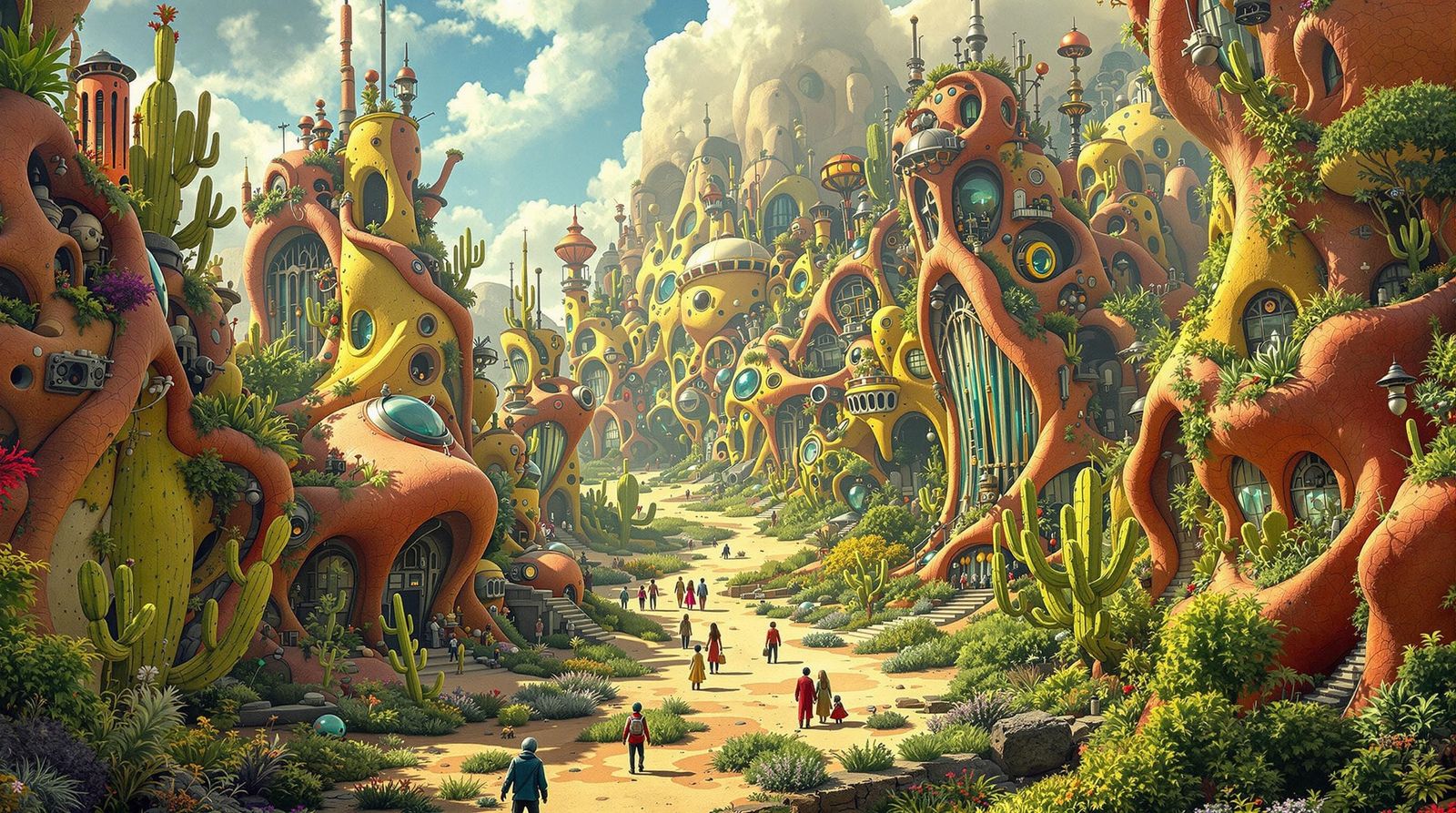 Futuristic Harmony of Humans and Aliens in a Vibrant, Organi...