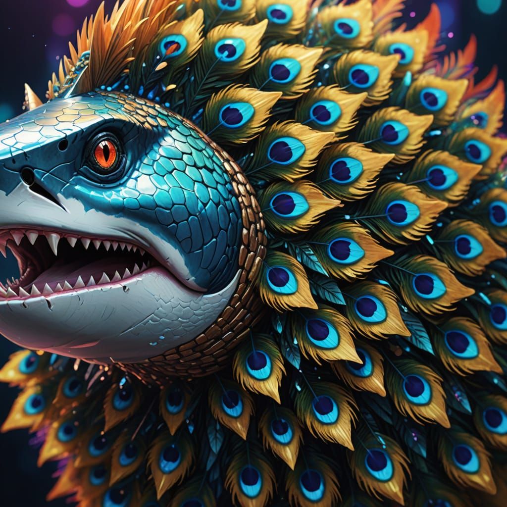 Neon Shark Peacock Hybrid in Cyberpunk Style