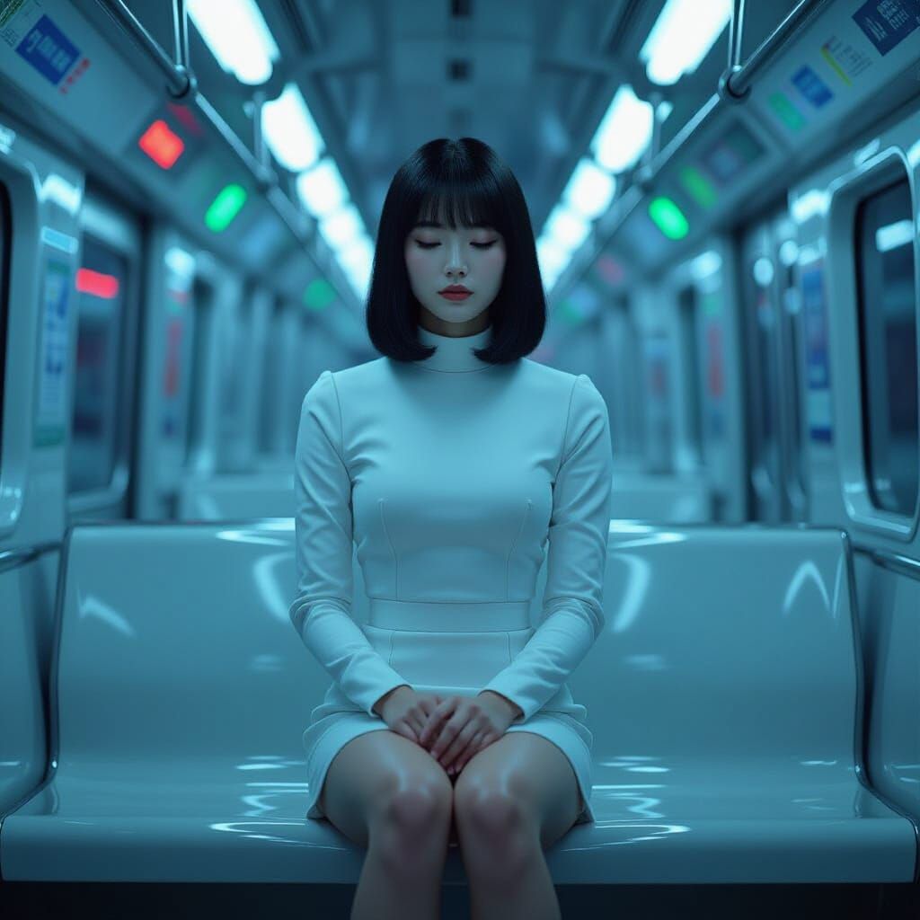 Korean Robot Woman in Futuristic Cyberpunk Subway