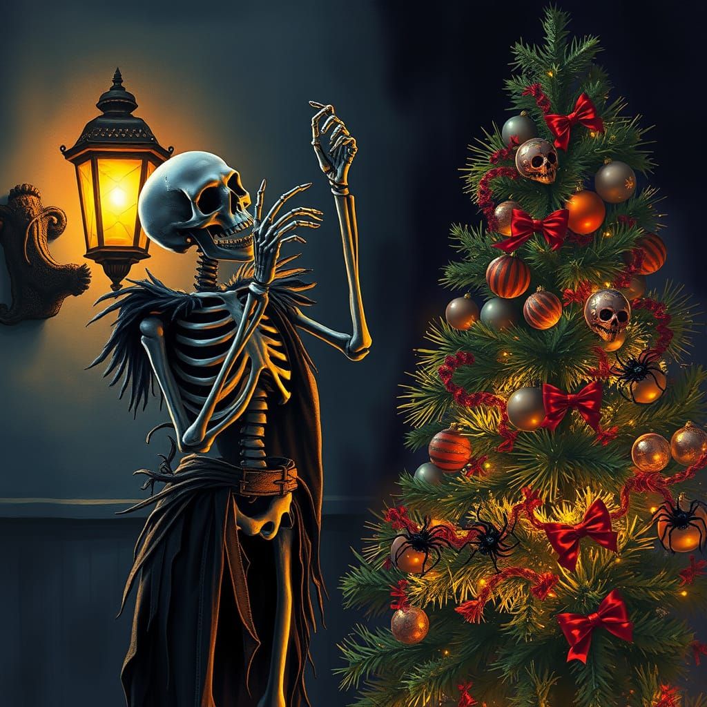 Skeleton Decorates Christmas Tree with Halloween Spookiness