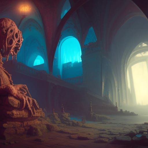 Crumbling Statue in Cave: Detailed Matte Painting