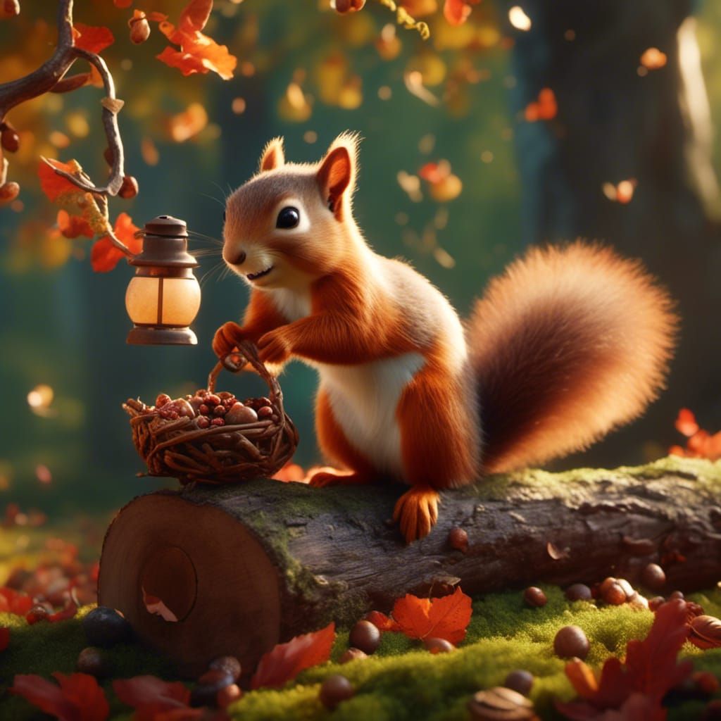 Happy Squirrel with Acorns in Storybook Style