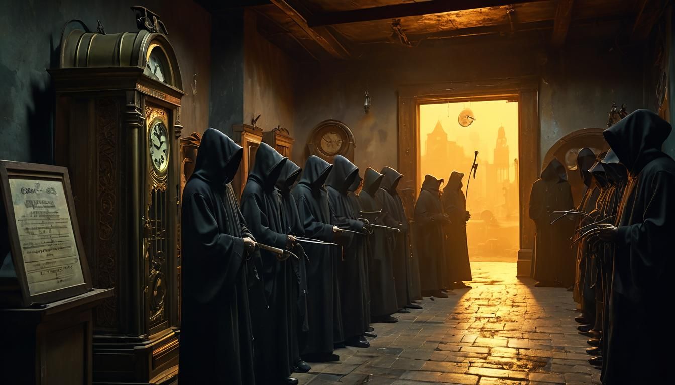Eerie Reapers Punching Clock in Surreal Industrial Scene