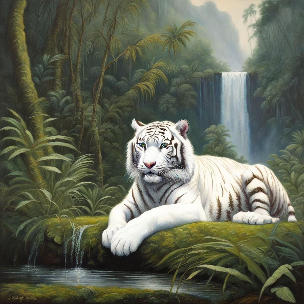 White Tiger Resting in Rainforest, Oil Painting