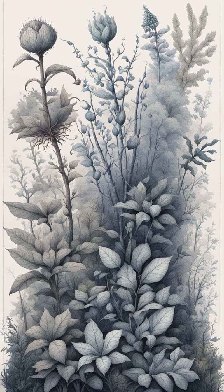 Voynich Codex Plants in Forest: Ink Drawing