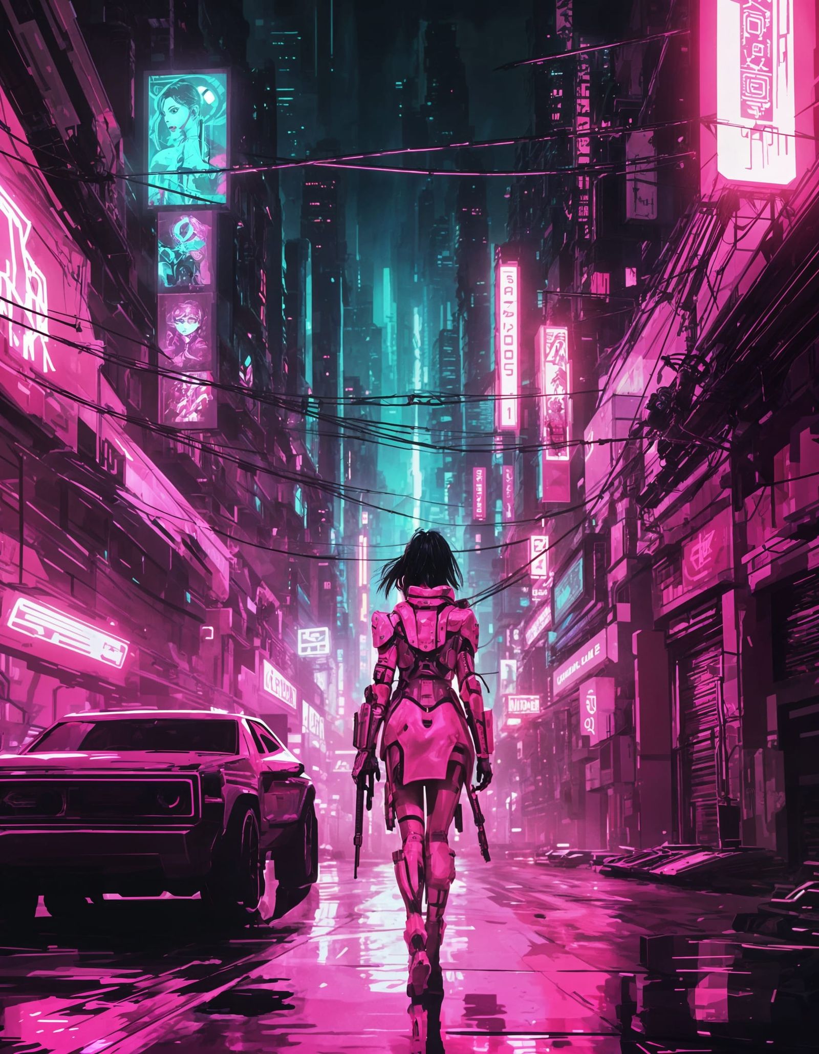 Cyberpunk Girl Walks a Neon-Lit Street