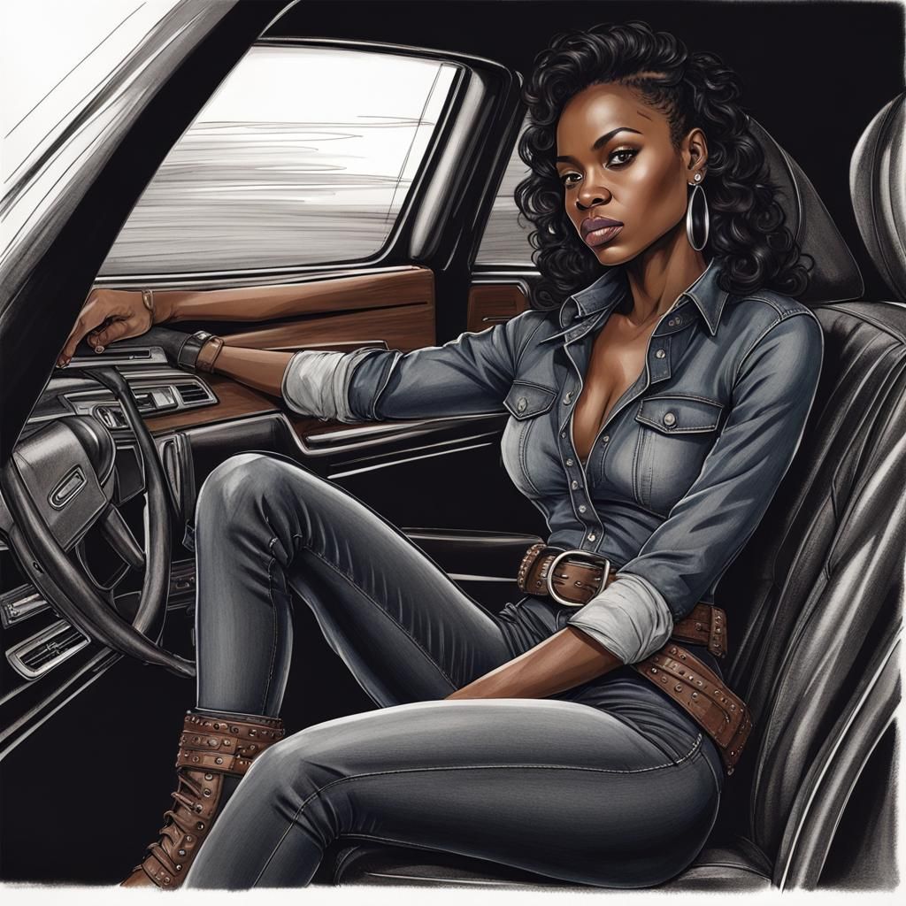 Charcoal Drawing: Slim Woman in Denim Outfit Posing