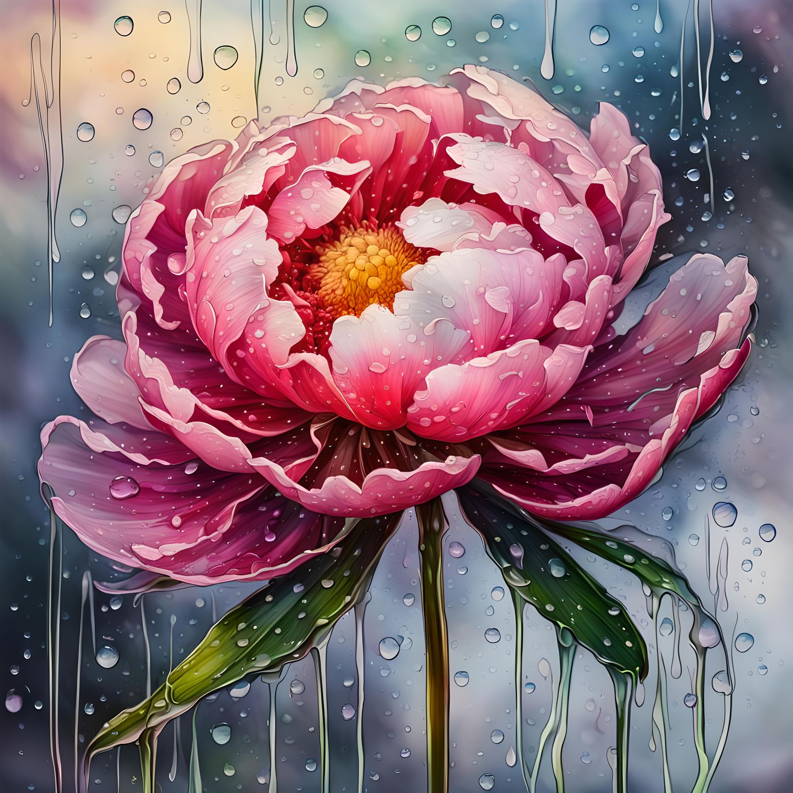 Glass Peony with Dew Drops as Oil Painting