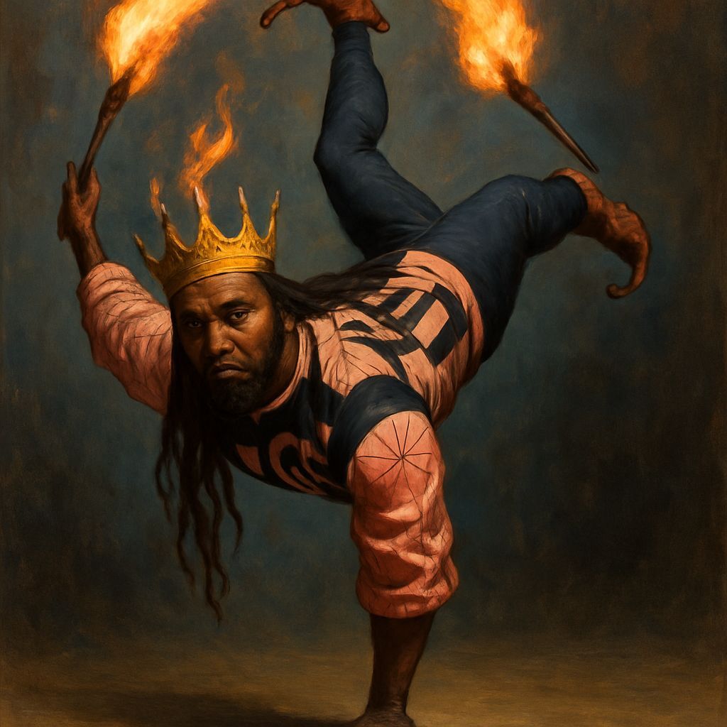 Royal Jester Juggles Flames with Feet in Mid-Air