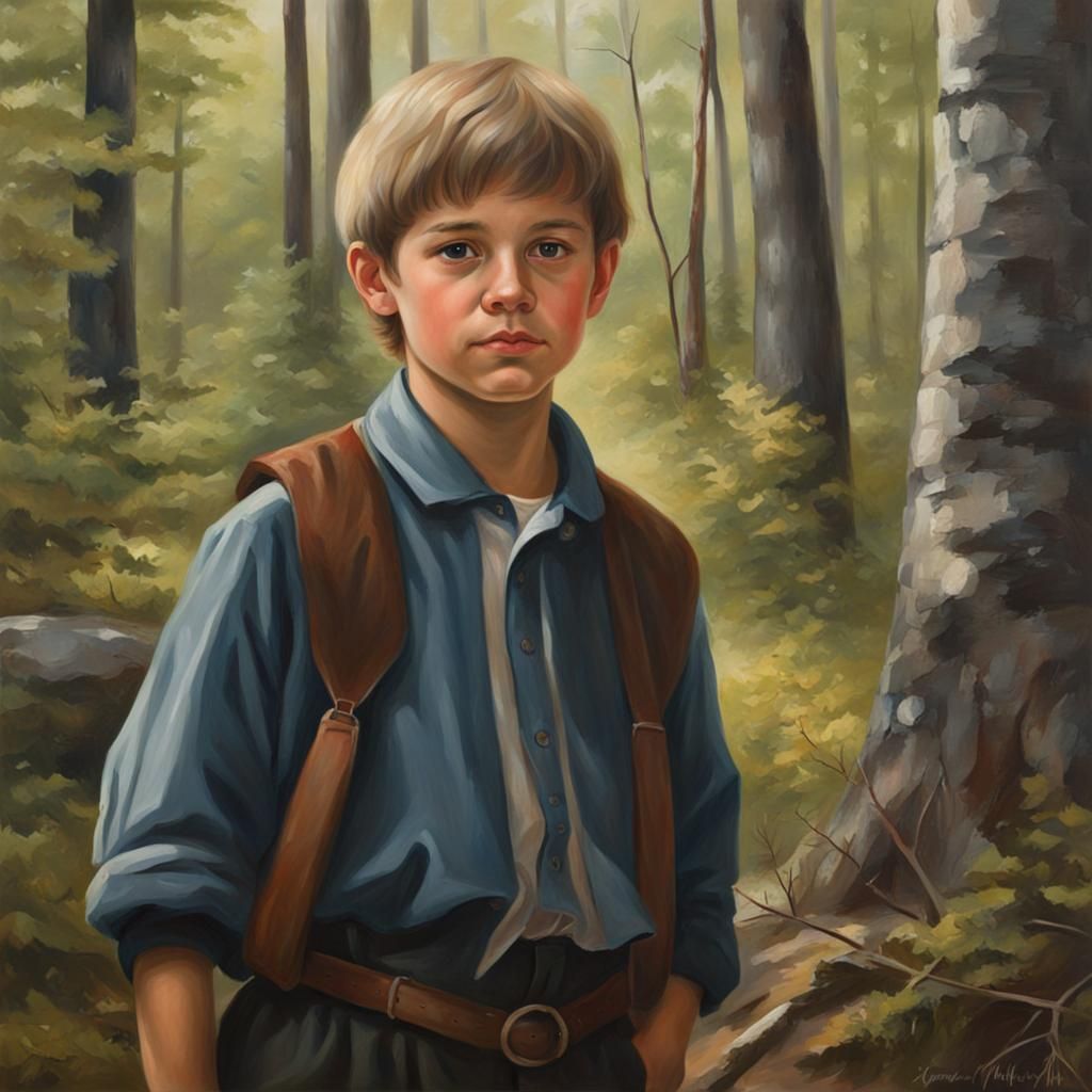 Realistic Painting of Acadian Boy in Woods