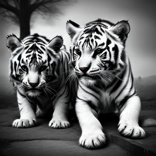 White Tiger Cubs Play in Film Noir Style