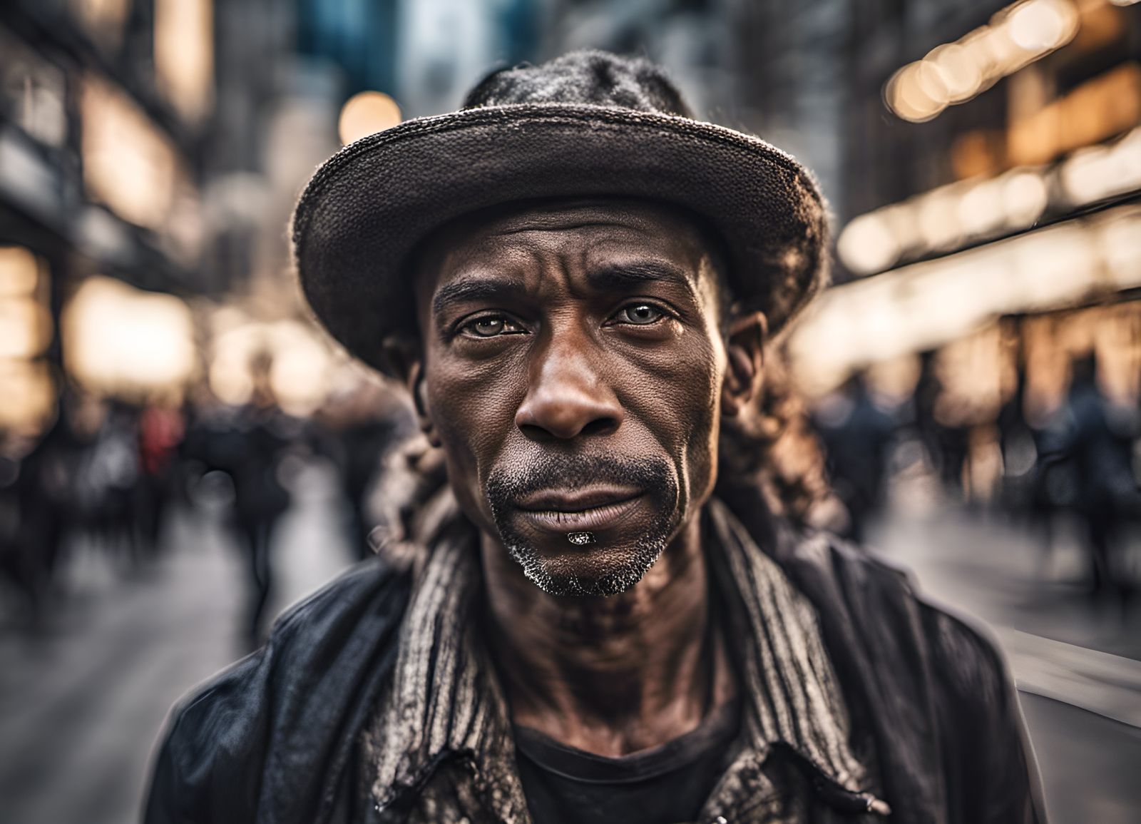 “Portrait of a street performer in action with a bustling city as a blurred background.”