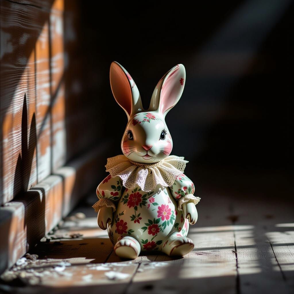 Antique Bunny Toy in Moonlight on Dusty Attic Floor