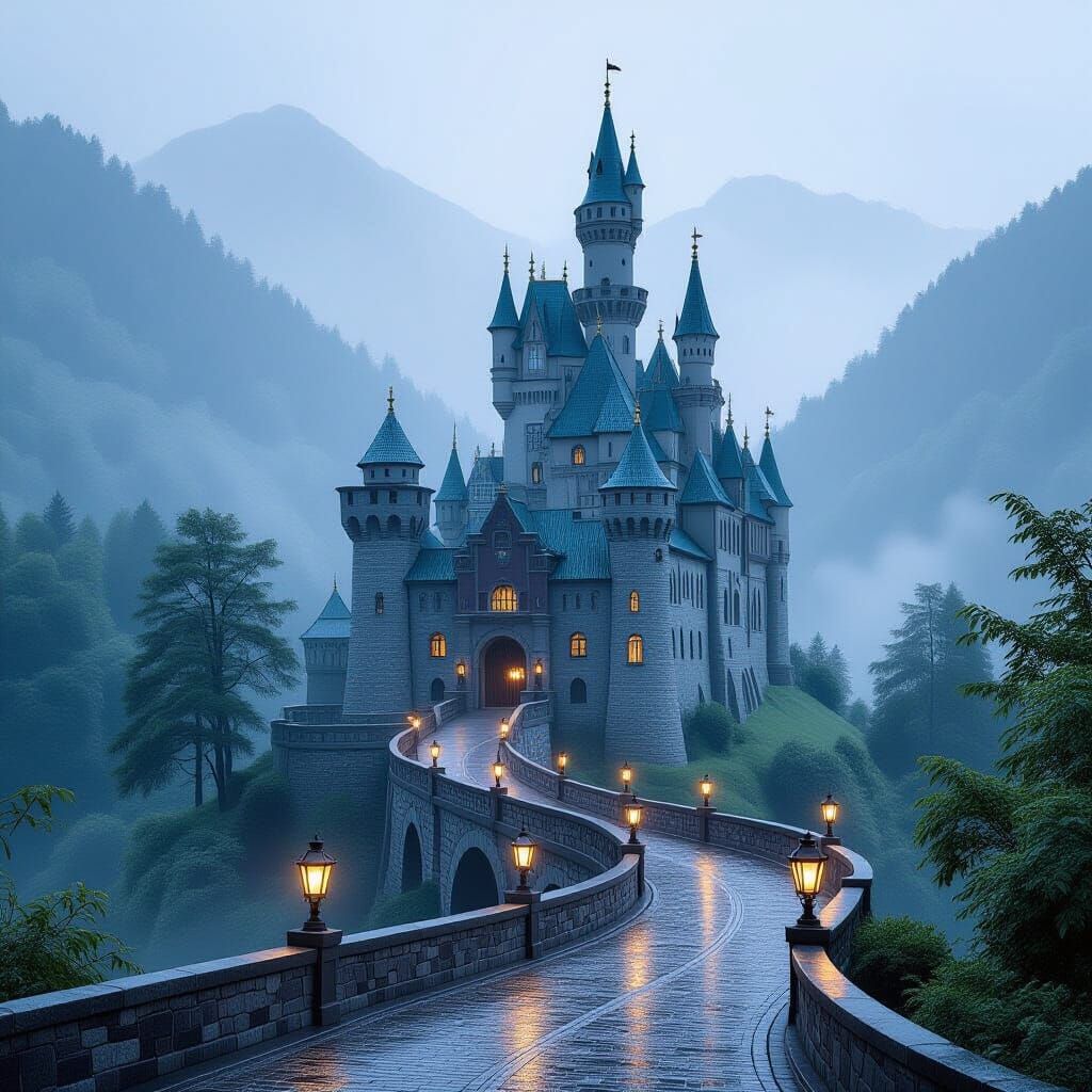 Majestic Castle on Mountain in Gentle Rain, Realistic Sketch