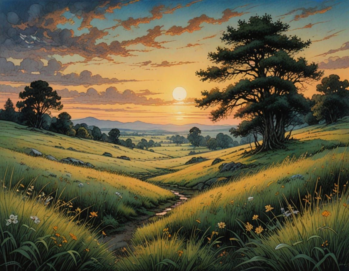A Serene Watercolor Landscape of a Grassy Meadow at Dawn
