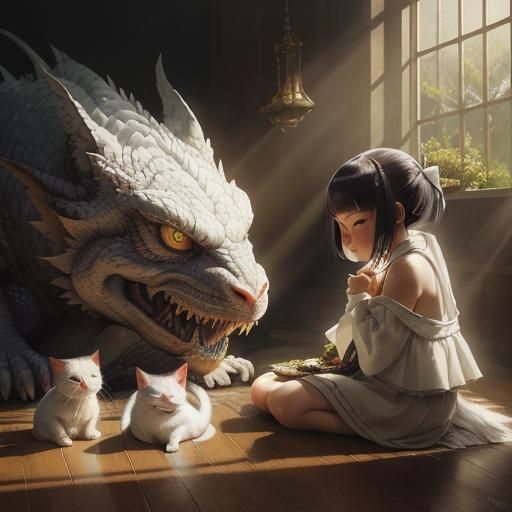 Girl and Dragon in Chiaroscuro Painting