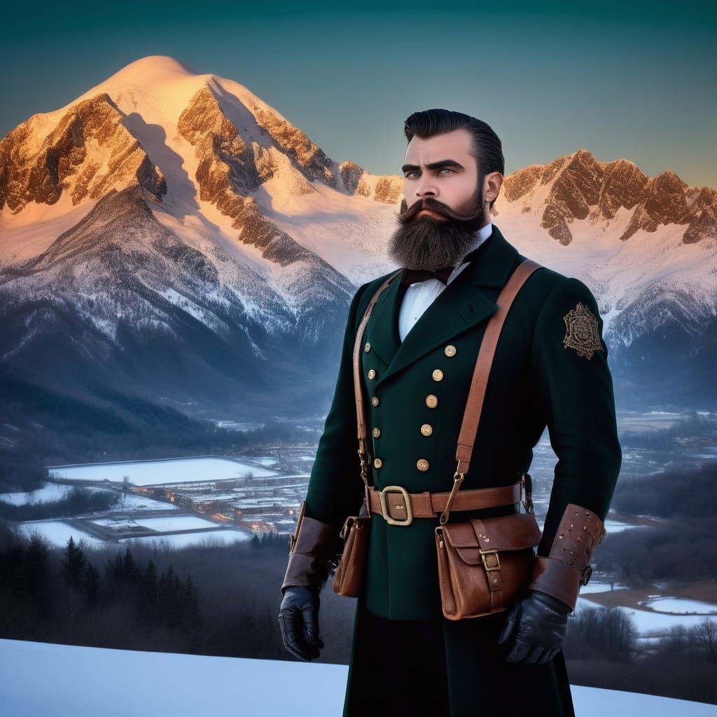 Steampunk Portrait in Mountainous Twilight, Frazetta Style