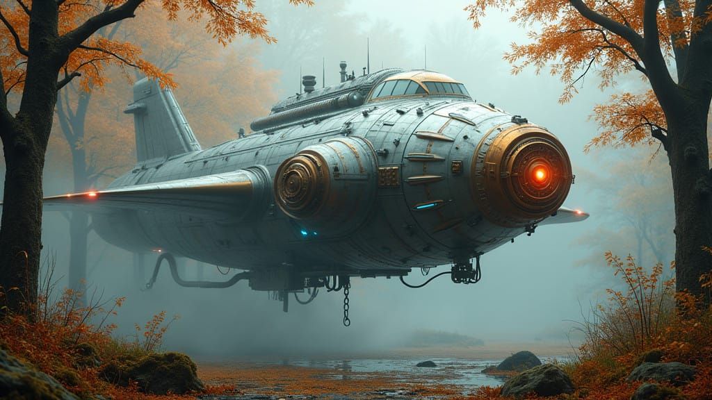 Hyperrealistic Oil Painting of Alien Spacecraft in Autumnal....