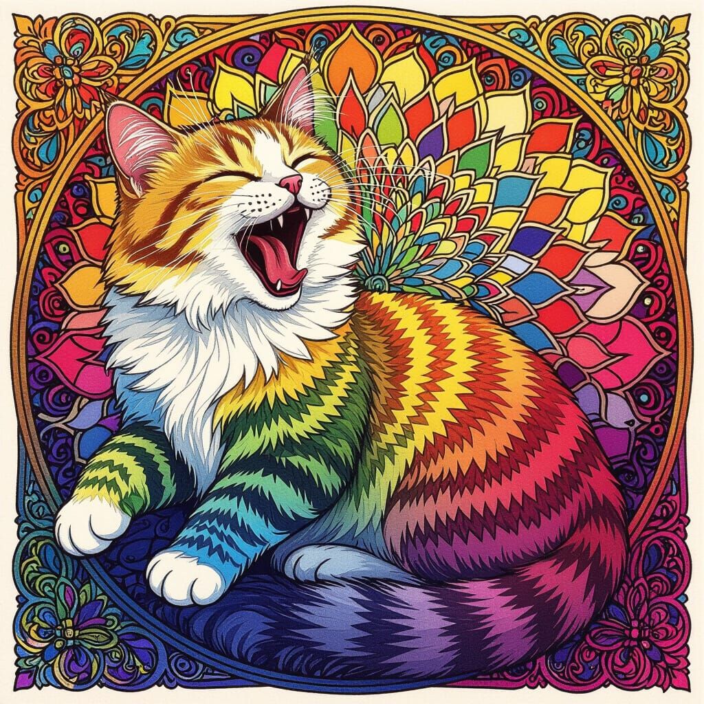 Psychedelic Cat Yawn in Bohemian Mandala Style
