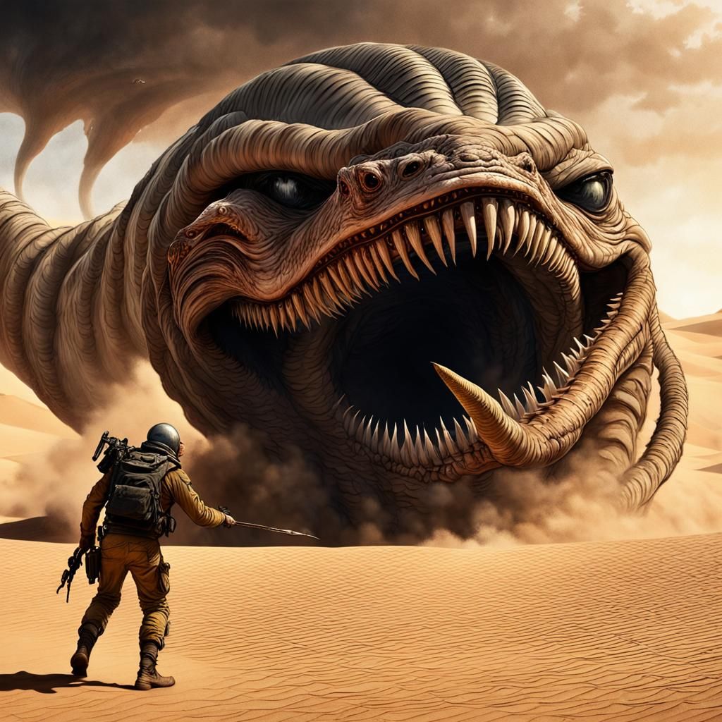 Giant Sandworm Attack in Arrakis Desert Scene