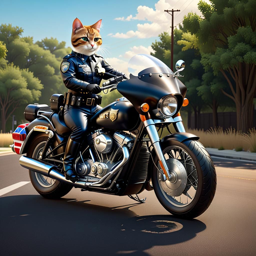 Hyperrealistic Cartoon Cat Motorcycle Cop
