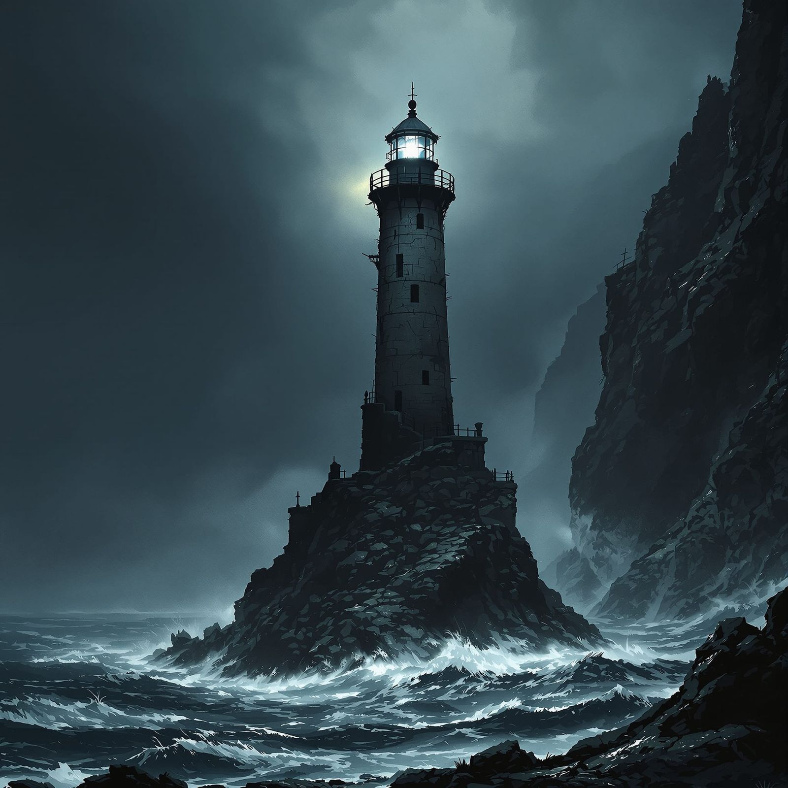 Ancient Lighthouse Against Stormy Sea, Dark Fantasy Style