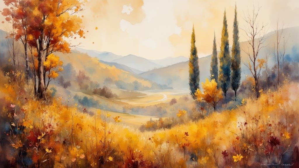 Misty Autumn Morning in Umbria, Italy as Impressionist Oil P...