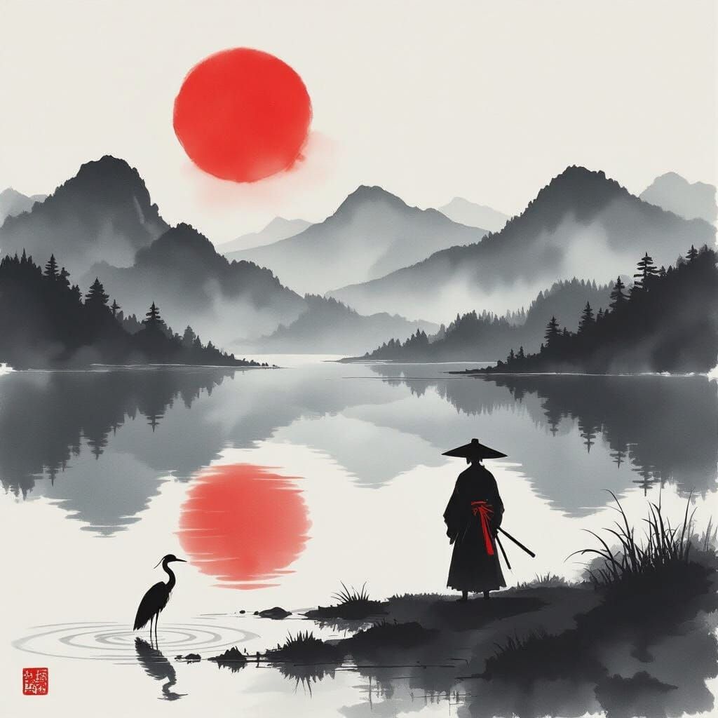 Sumi-e Ink Painting of Misty Mountains and Samurai