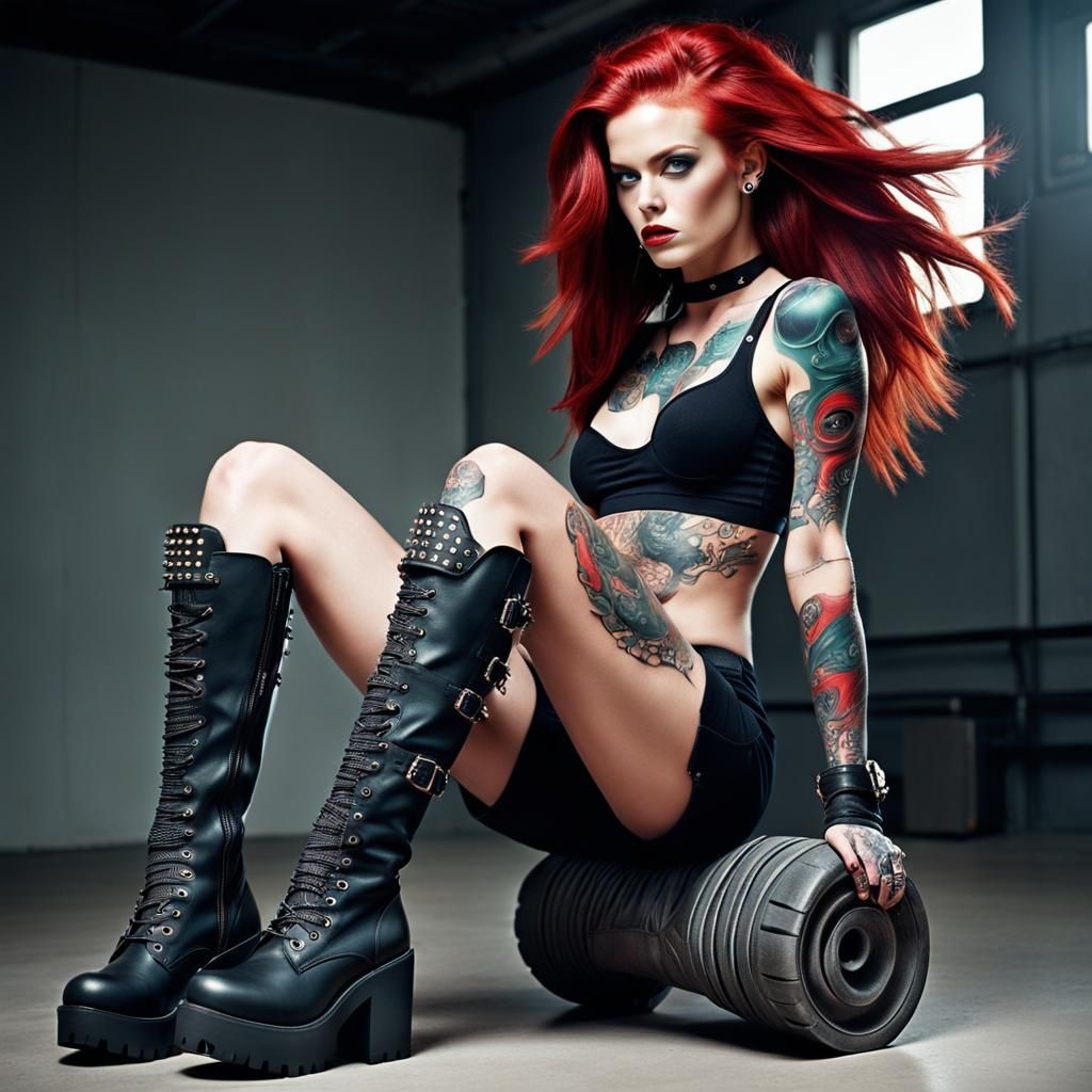 Beautiful Woman with Flowing Red Hair and Tattoos