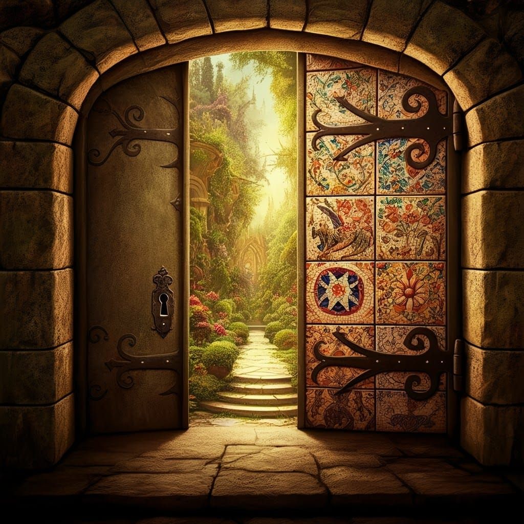 Enchanted Garden Door in Surrealist Style