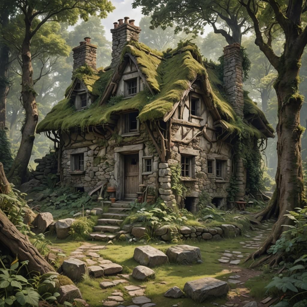 Hyperrealistic Ruined Cottage in Forest