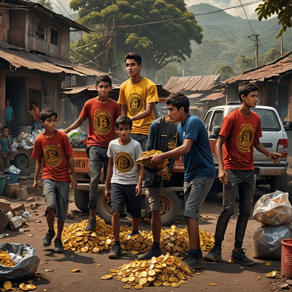 Salvadoran Teens Clean Village in Photorealistic Scene
