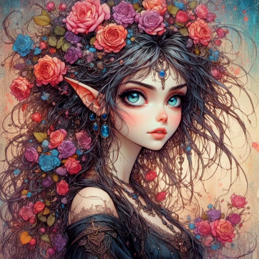Enchanting Young Witch with Roses and Gems