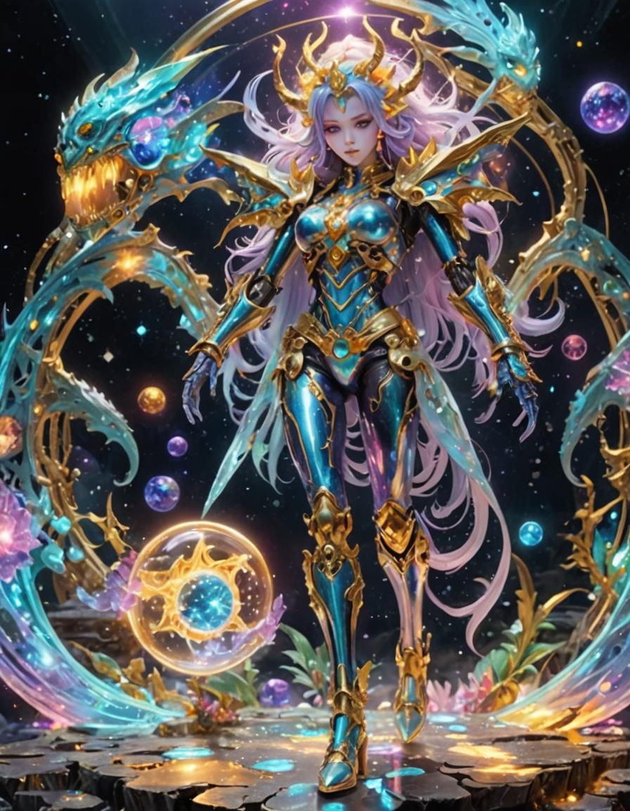 Rainbow Dragon Girl with Robot Skeleton in Anime Style