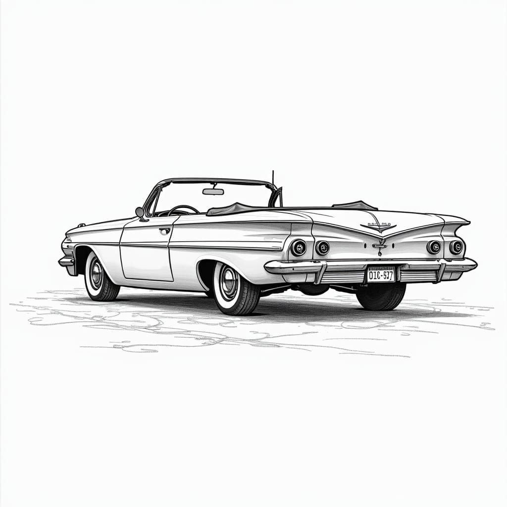 1961 Chevy Impala Convertible in Black and White Line Art