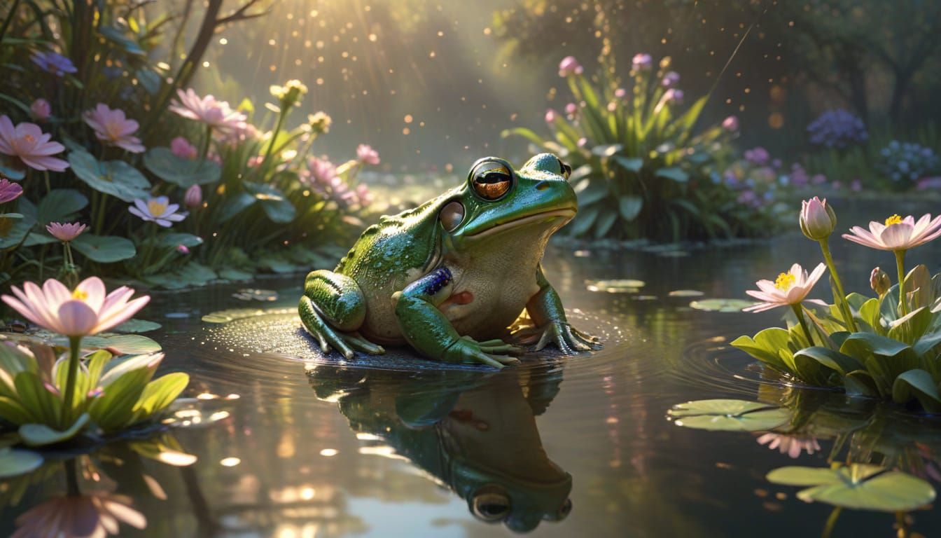 Frog Contemplates Flower Shower: Ethereal Fantasy