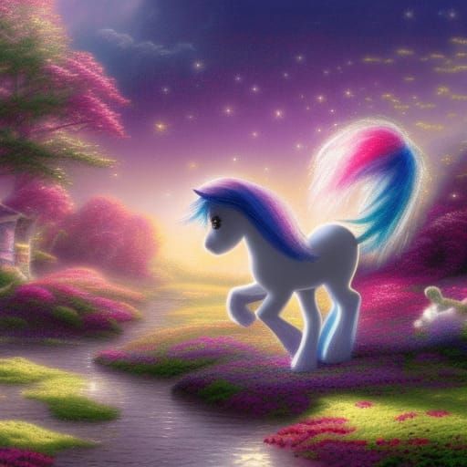 Whimsical Kinkade-Inspired Pony in Enchanted Misty Realm