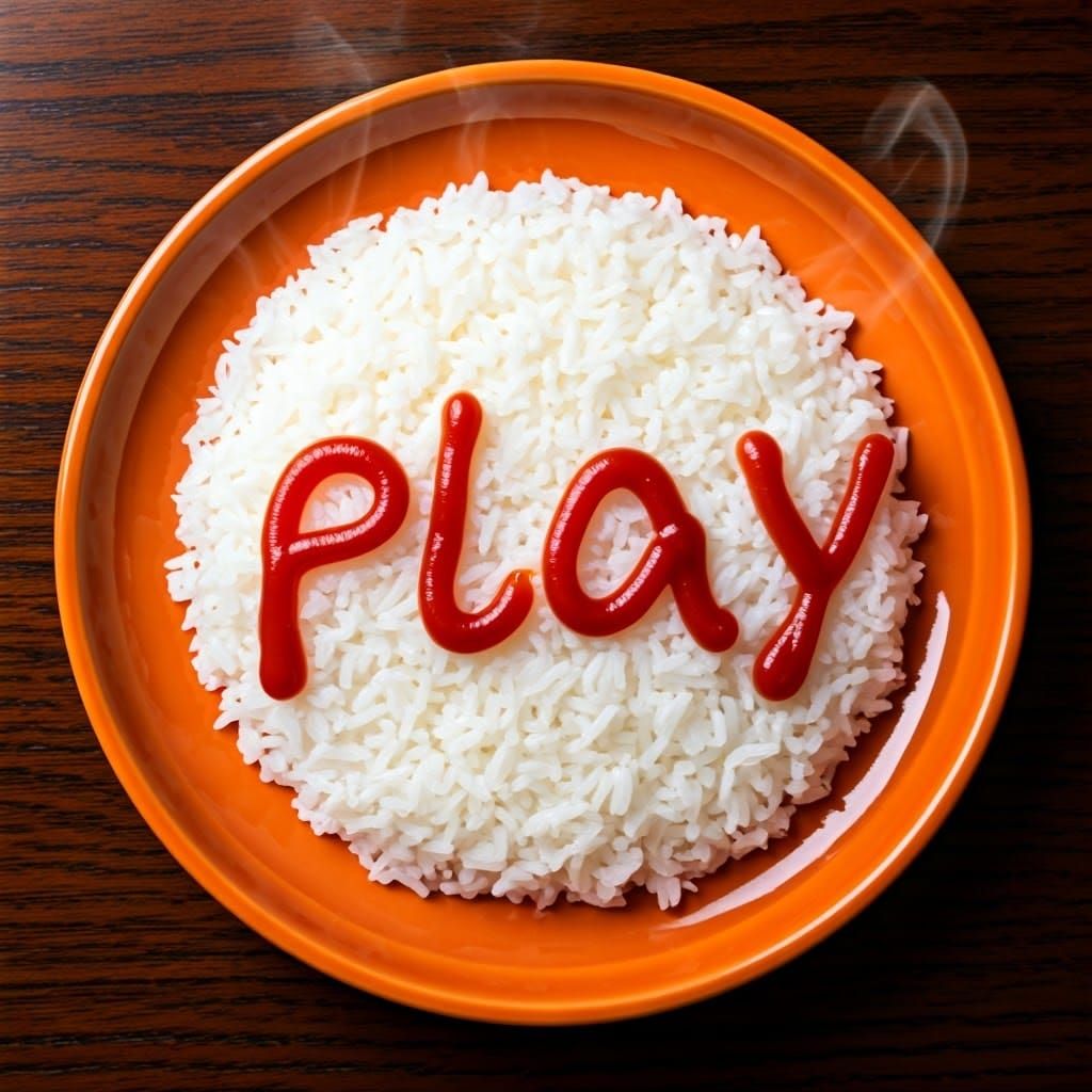 Delicious Plate with Steaming Rice and Ketchup Letters