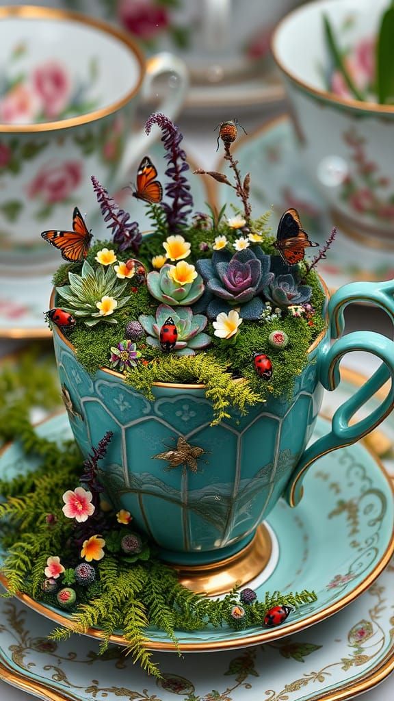 Miniature Ecosystem Thriving in Ornate Teacup