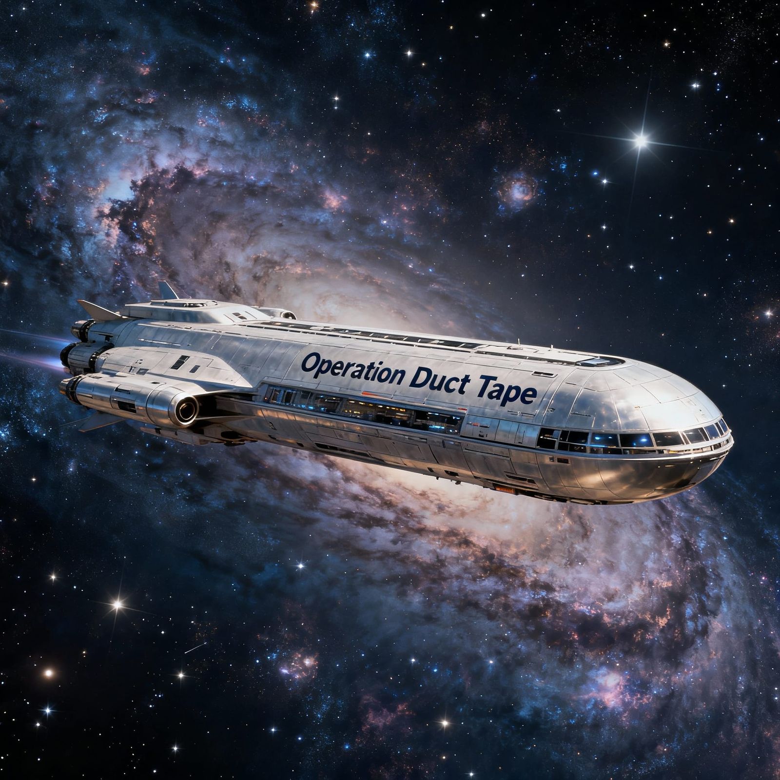 Sleek Spaceship "Operation Duct Tape" in Galactic Light