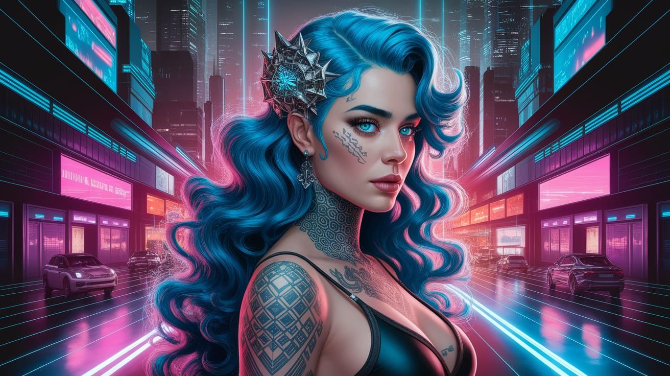 Cyberpunk Woman with Fiery Blue Hair Portrait