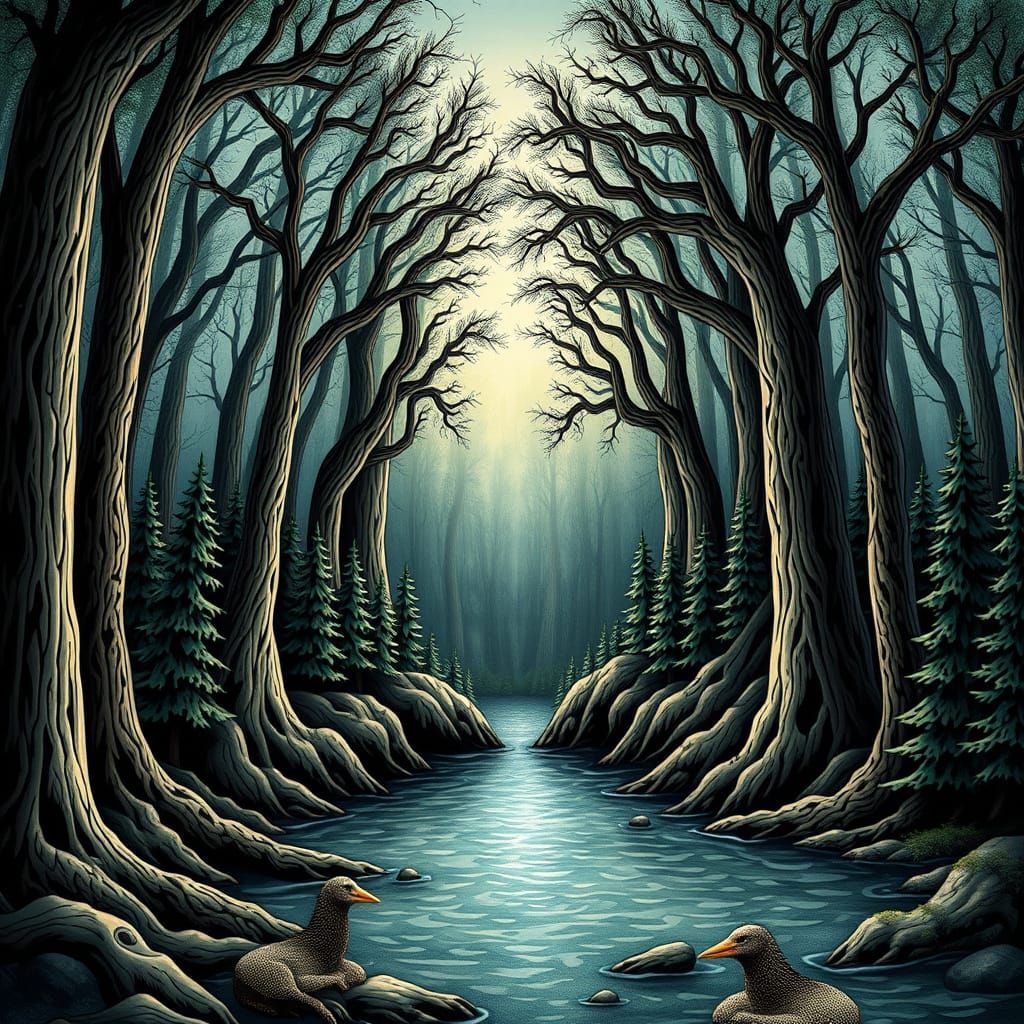 Monster Portal in Forest Lake Abstract Vector Fractal