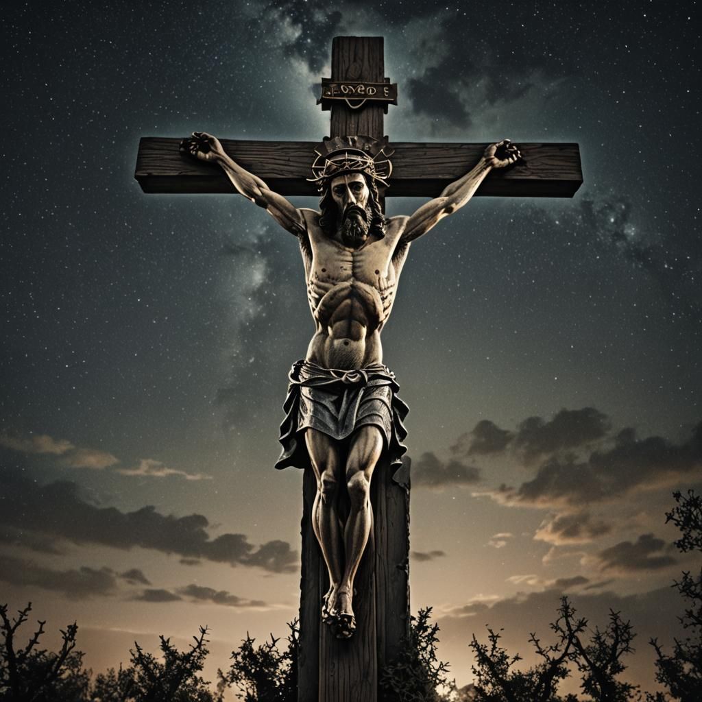 Jesus on the Cross at Nighttime in Hyperrealistic HDR