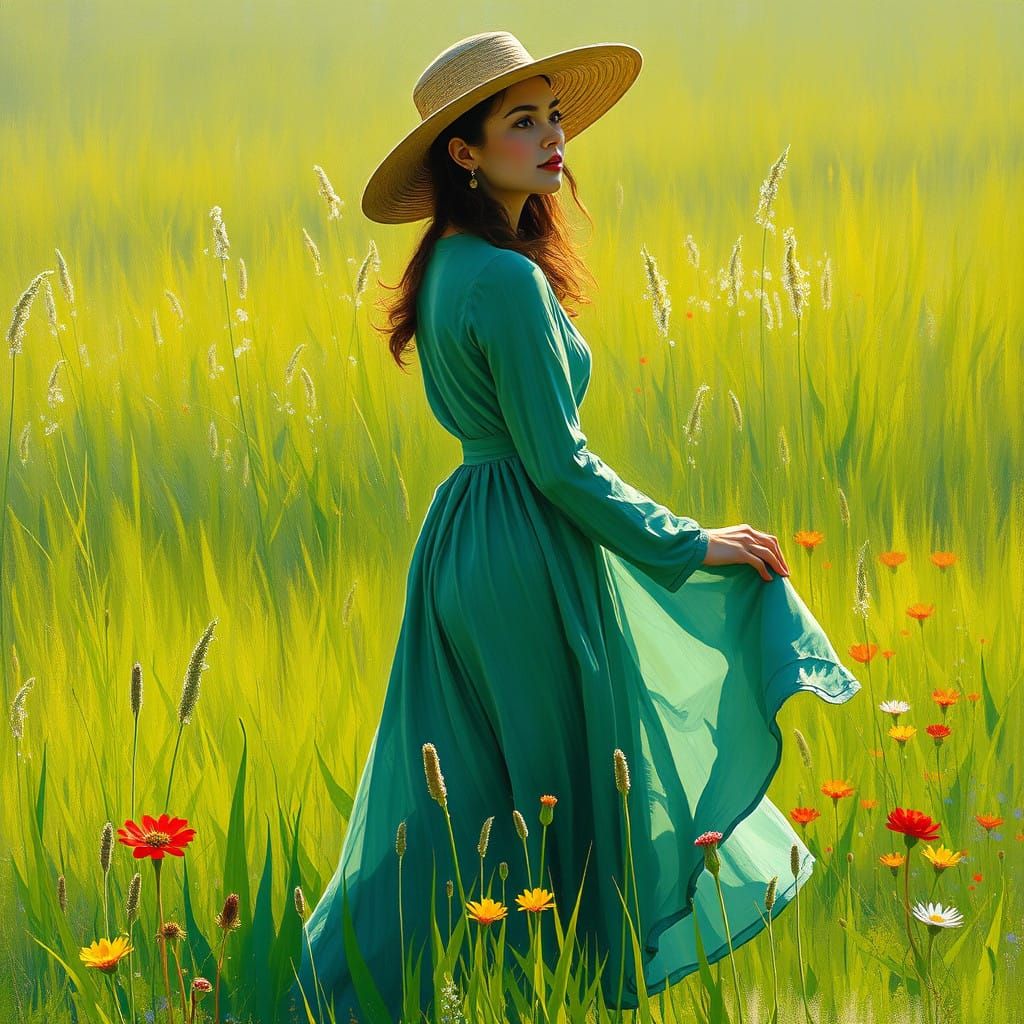 Serenely Standing Woman in a Lush Impressionist Field