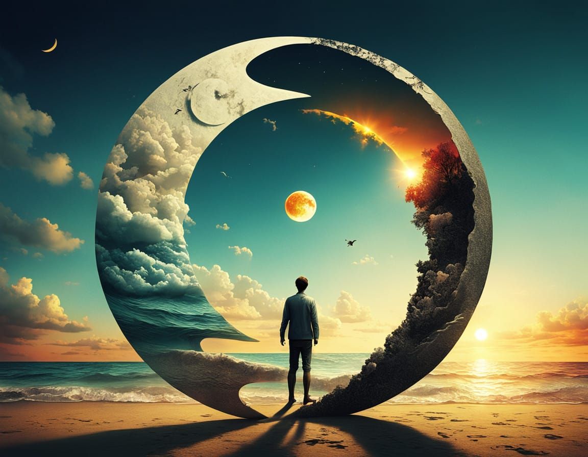 Surreal Harmony of Opposites in Vibrant Beach Sunset