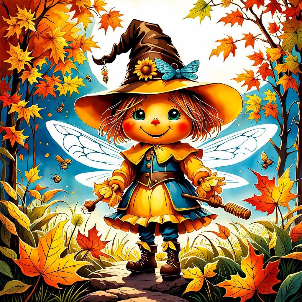 Scarecrow Honey Bee in Autumn Storybook World